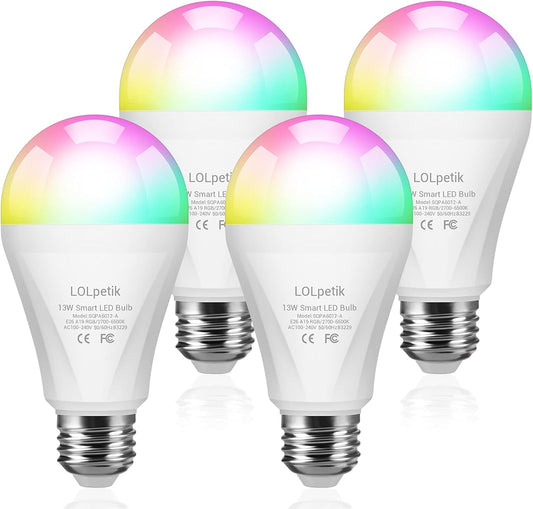 Smart Light Bulb, 13W 1300LM Super Bright Alexa LED Light Bulbs, RGBCW Color Changing LED Wifi Bulb, Compatible with Alexa Google Home, Dimmable with App, 120W Equivalent E26 A19 4Pack