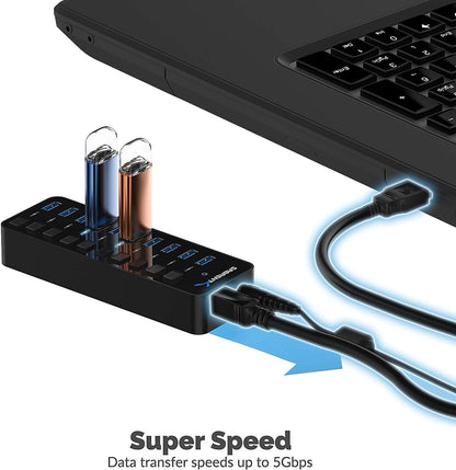 10-Port 60W USB 3.0 Hub with Individual Power Switches and Leds, Includes 60W 12V/5A Power Adapter (HB-BU10)